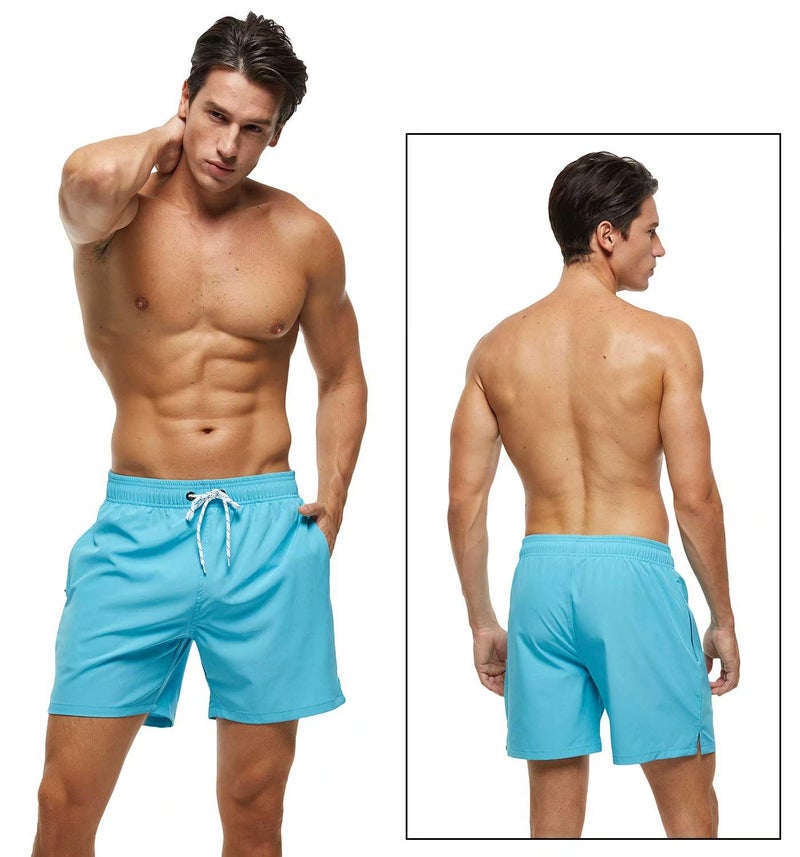 Tyhengta Men's Stretch Swim Trunks Quick Dry Beach Shorts with Zipper Pockets and Mesh Lining Sky-Blue 32 - Image 2